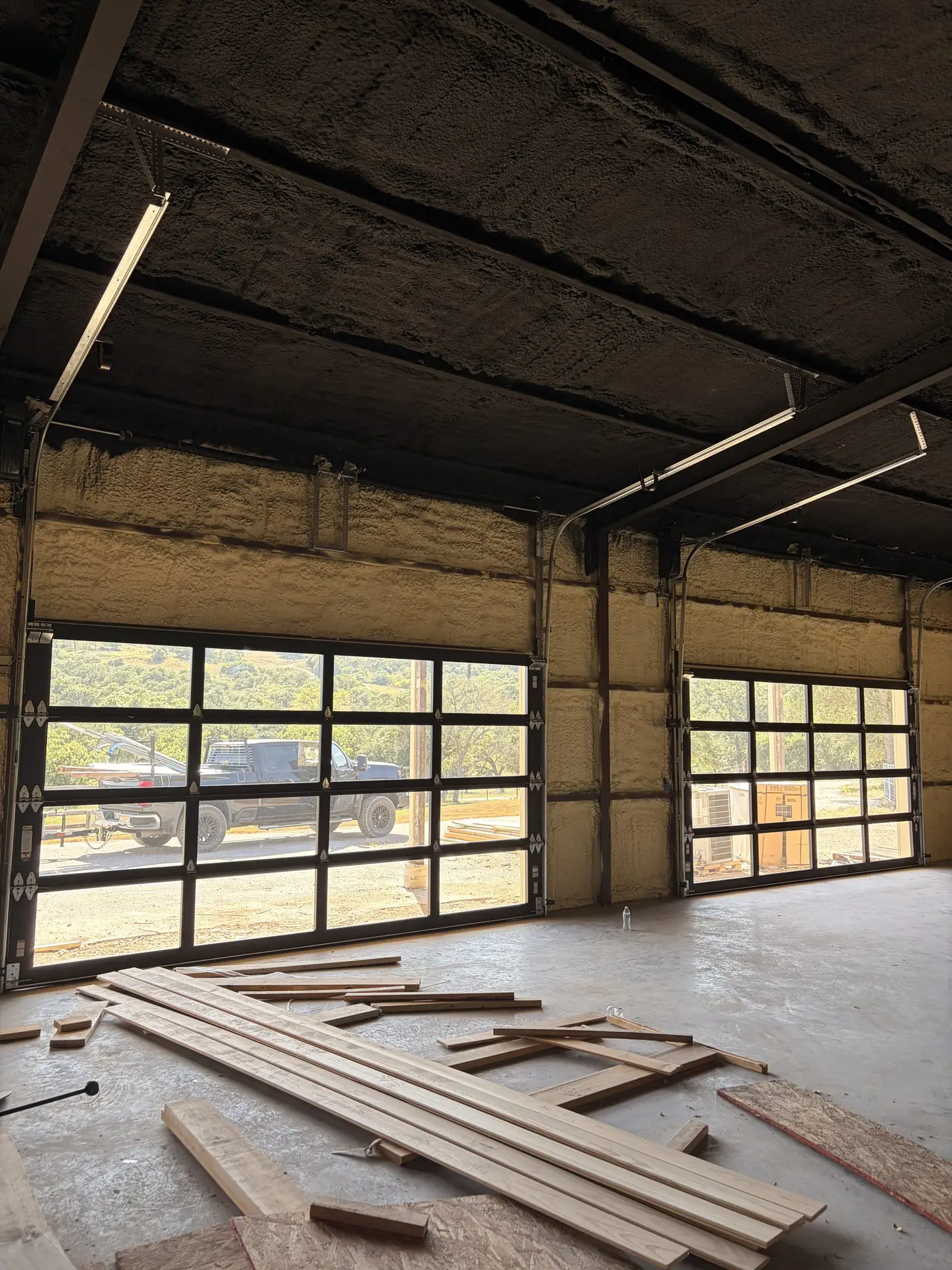 Full view garage doors with high lift and roof pitch tracks